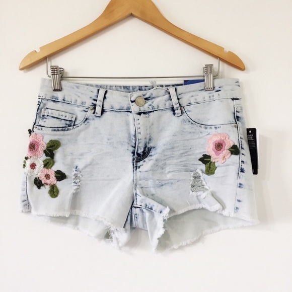 YMI Pants - Yumi Love Acid Floral Embroidered Denim Shorts.